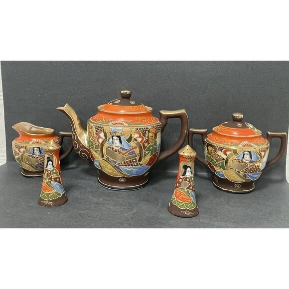 Antique Japanese Satsuma Moriage Kannon Immortals 3 Piece Tea Service Shakers